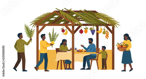 Fotografía A diverse family celebrating the Jewish holiday of Sukkot inside a decorated outdoor sukkah booth