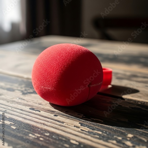 Close up of red apple on wooden surface with sunlight.