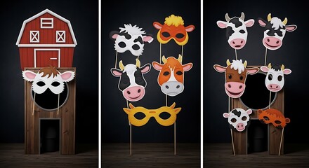 Farm animal photo booth props with barn and cow masks