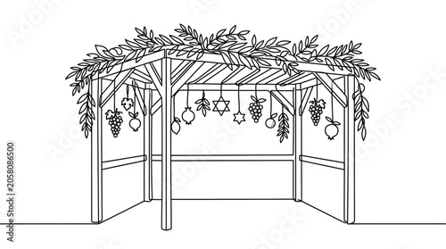 Fotografie Line art illustration of a traditional Jewish Sukkah decorated with hanging ornaments and foliage