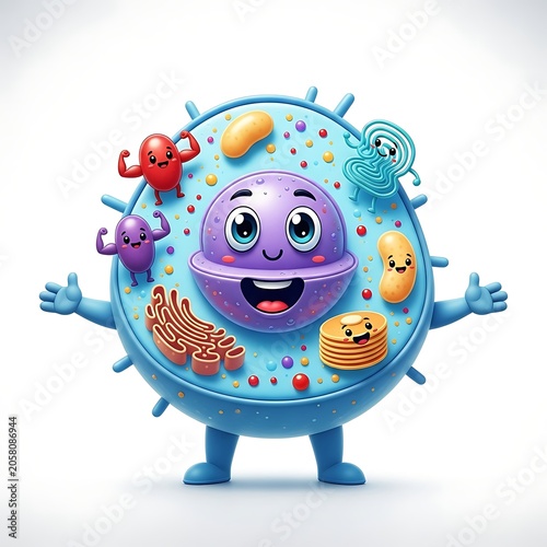 Happy cartoon blue elephant with colorful decorations and flowers.