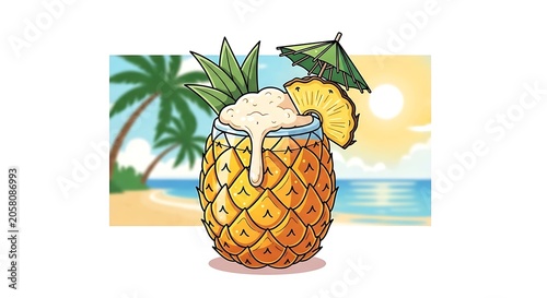 Basket filled with fresh pineapples and tropical leaves.