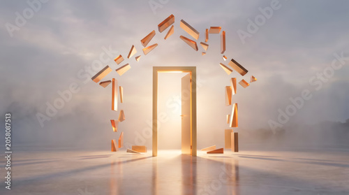 Illuminated Doorway Amid Floating Wooden Blocks