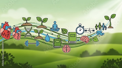 Conceptual illustration of a holistic wellness journey featuring health, fitness, mental well-being, and nature icons on a green landscape