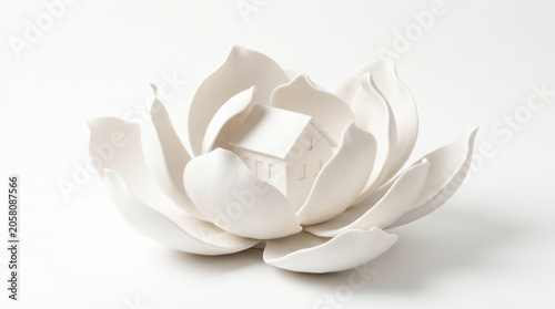 Serene White Flower Sculpture with Tiny House Centerpiece