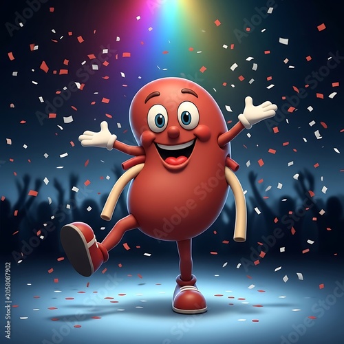 Happy red cartoon character celebrating with confetti.