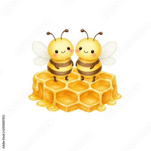 Cute Honey Bee Watercolor Clipart Set with Beehive, Honey Jar, Honeycomb, Flowers and Rainbow