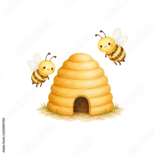 Cute Honey Bee Watercolor Clipart Set with Beehive, Honey Jar, Honeycomb, Flowers and Rainbow