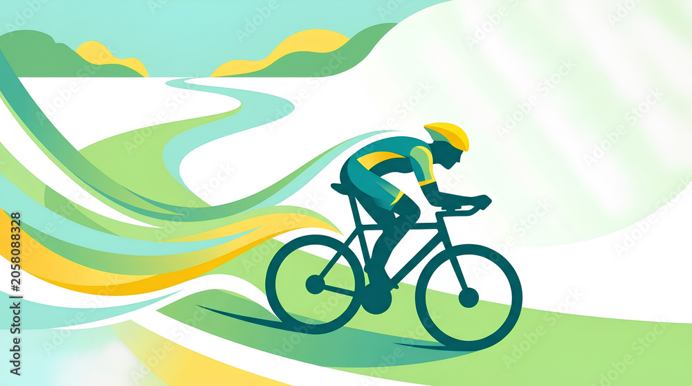 Fototapeta premium Cyclist speeds along a stylized path with flowing green and yellow ribbons of motion to convey high performance, speed, and endurance in this modern vector graphic design.