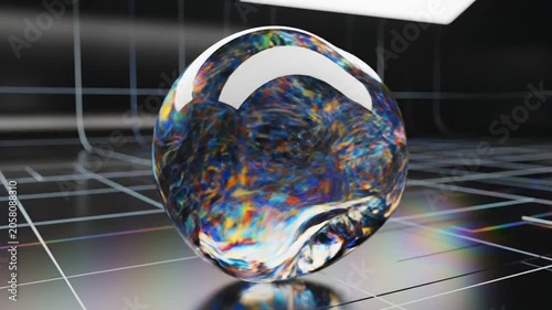 Iridescent 3D sphere on dark digital grid floor