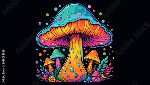 Foto Vibrant Psychedelic Mushroom Vector Illustration featuring Neon Colors and Trippy Magic Fungi Art