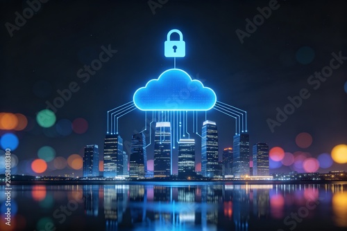 Digital cloud security over city skyline