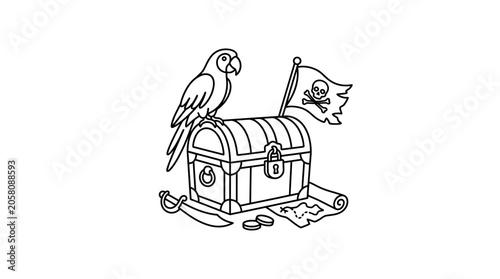 Quadro su tela A detailed black and white line art illustration of a pirate treasure chest with a parrot and flag