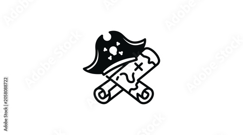 Tableau sur toile A black and white icon featuring a pirate hat and a crossed treasure map