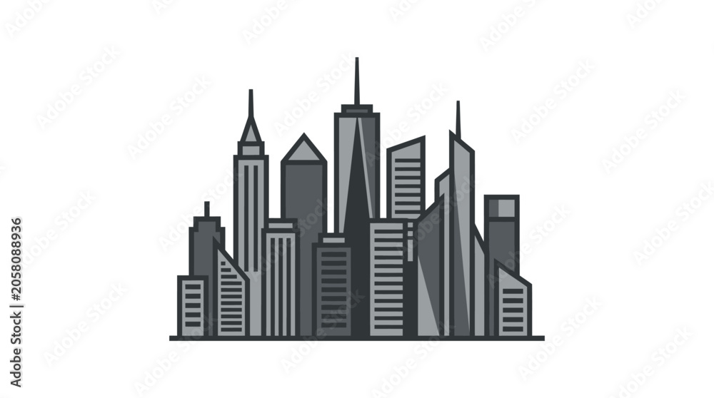 Fototapeta premium Clean grayscale vector illustration of dense city skyscrapers.