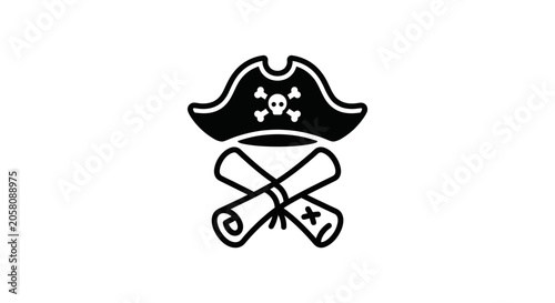 Fotografie A black and white icon featuring a pirate hat above two crossed treasure maps