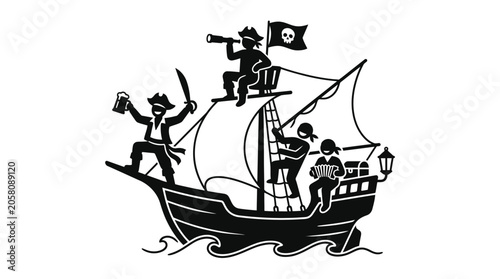 Obraz na plátně A black and white illustration of a pirate ship with crew members on deck