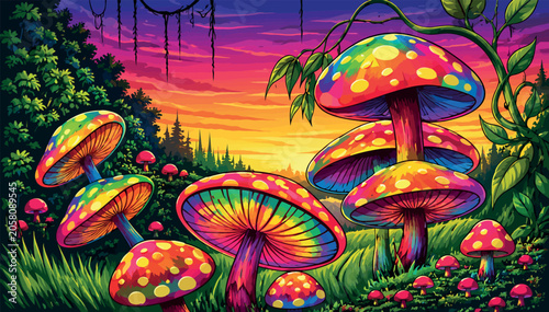 Valokuva Psychedelic Mushroom Forest Vector Illustration featuring Giant Colorful Fungi in a Magical Fantasy Landscape at Sunset with Vibrant Neon Colors, Surreal Nature Scene, and Enchanted Woods Art