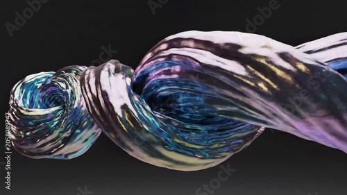 Iridescent abstract liquid swirl on black background.