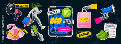 Shopping and sale halftone collage elements collection featuring shopping bags, megaphones, receipts, retail labels, promotional stickers, smartphone, shopping cart and consumer lifestyle cutouts.