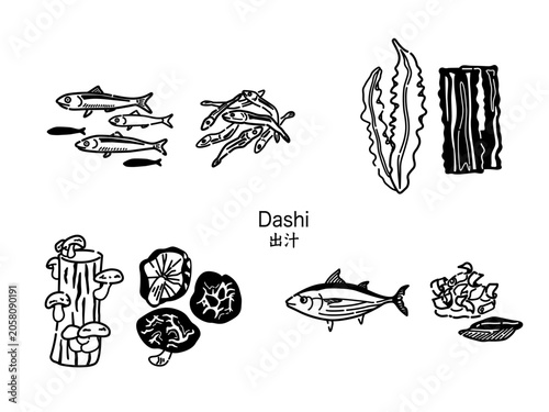 出汁の食材のイラストセット（線画）