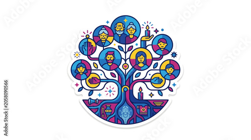 Bilde på lerret Stylized Family Tree Illustration with Generations and Candles, Colorful