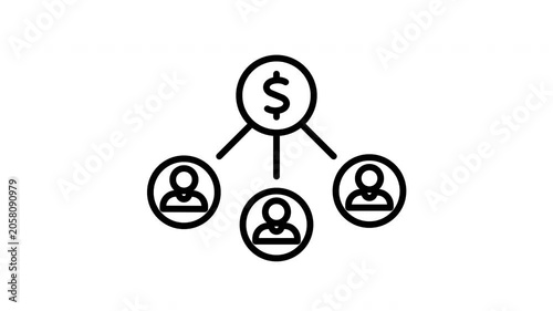 Financial network diagram with dollar sign line art animation for crowdfunding and profit sharing concept
