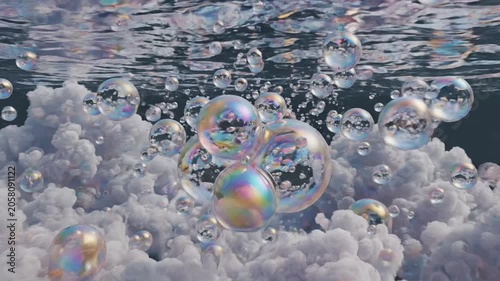 Iridescent bubbles floating in a clear liquid environment.