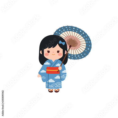 Foto Cute Japanese girl character wearing blue yukata holding traditional paper umbre