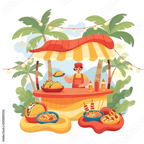 Tropical food stall vendor serving fresh dishes under palm trees