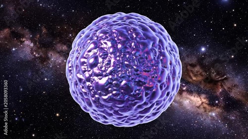Iridescent fluid blob floating against a cosmic starfield background