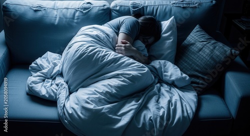 Nighttime Comfort A Person Sleeping Peacefully On A Cozy Sofa Under A Warm Blanket