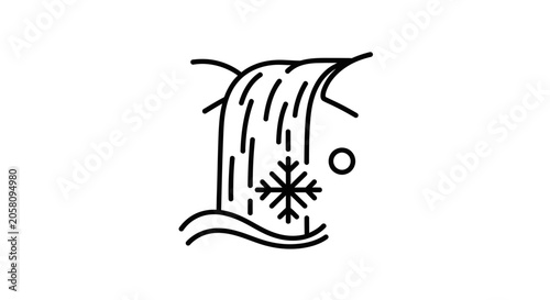 Scenic waterfall line art with snowflake winter symbol.