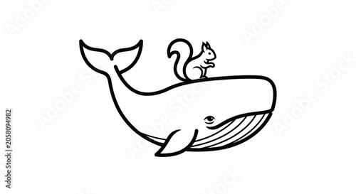Whale with squirrel on back minimalist line art drawing.