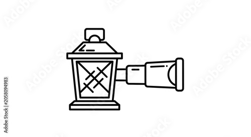 Vintage lantern and telescope line art icon.