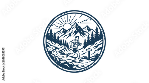 Etched line art trail runner mountain badge.