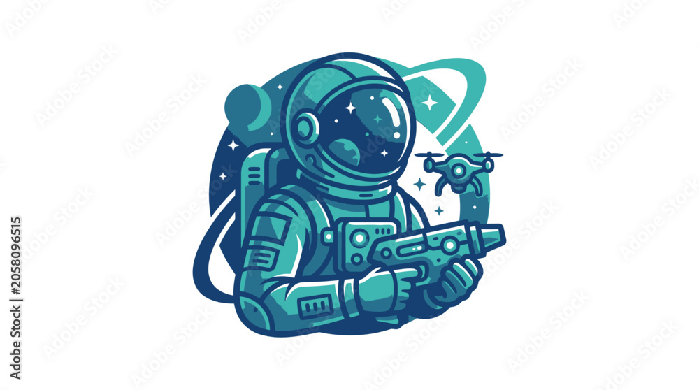 Naklejka premium Astronaut in Space Suit Holding Gun.