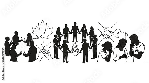 Tableau sur toile A continuous line art illustration depicting a diverse group of people gathering for community support and remembrance