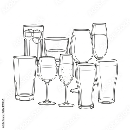 A collection of empty glasses and wine glasses on a table indoors