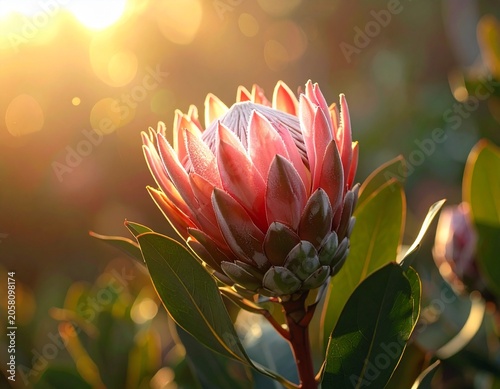 Exotic king protea flower fully blooming, soft morning light, realistic outdoor garden background, sharp botanical detail, muted natural tones, 8k professional camera shot