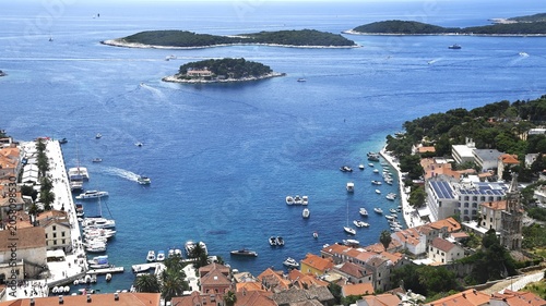 High angle panoramic view of Hvar town harbor and Pakleni Islands on a sunny summer day, Dalmatia, Croatia