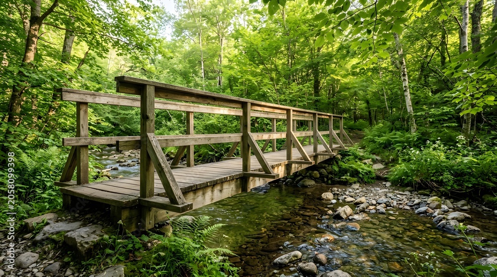 Naklejka premium A wooden footbridge crossing a small stream in a lush green forest.