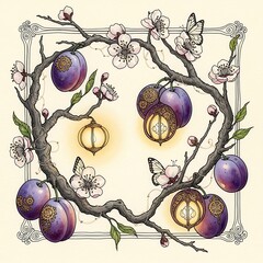 Whimsical branch with purple plums glowing lanterns and butterflies