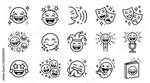 Foto Set of laughing emojis, comedy masks, and microphone icons for humor and entertainment concepts