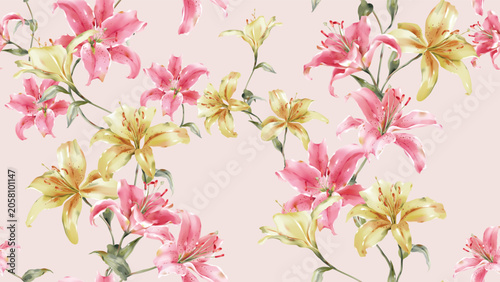 Floral seamless pattern featuring watercolor-style Lilium Sorbonne and Lilium...