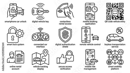 Smart vehicle technology and security icons.