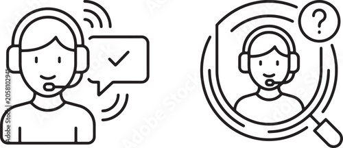 Billede på lærred Art & Illustration, Technical support symbols displaying a telemarketing specialist with headphones next to a profile silhouette enclosed inside a magnifying glass for query search