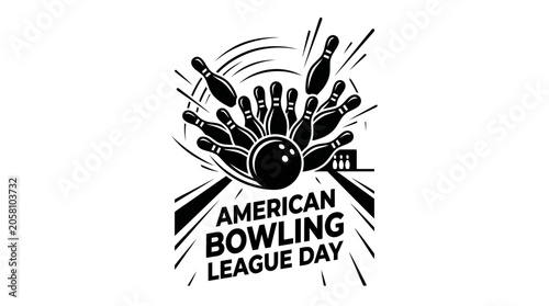 Bild auf Leinwand A black and white graphic illustration featuring a bowling ball striking pins for American Bowling League Day