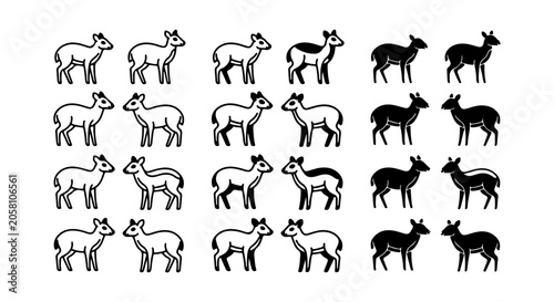 Slika na platnu Antelope icon set outline and solid, white background, vector Illustration