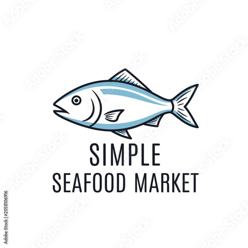 Simple seafood market logo design featuring a stylized blue and white fish icon